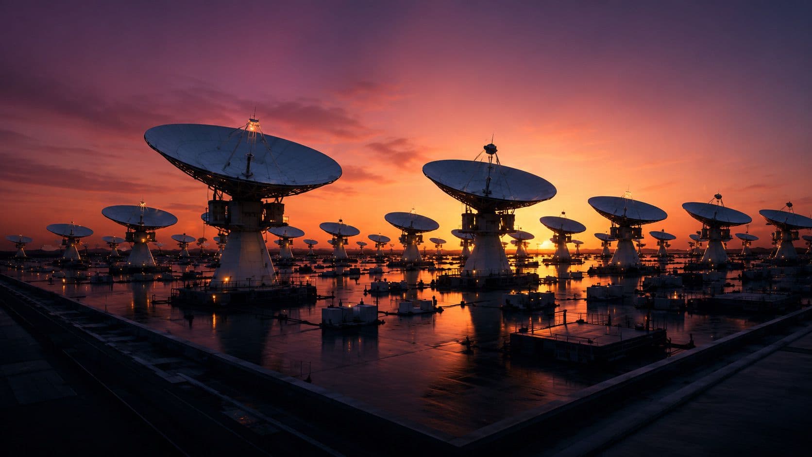 Satellite dish array at sunset